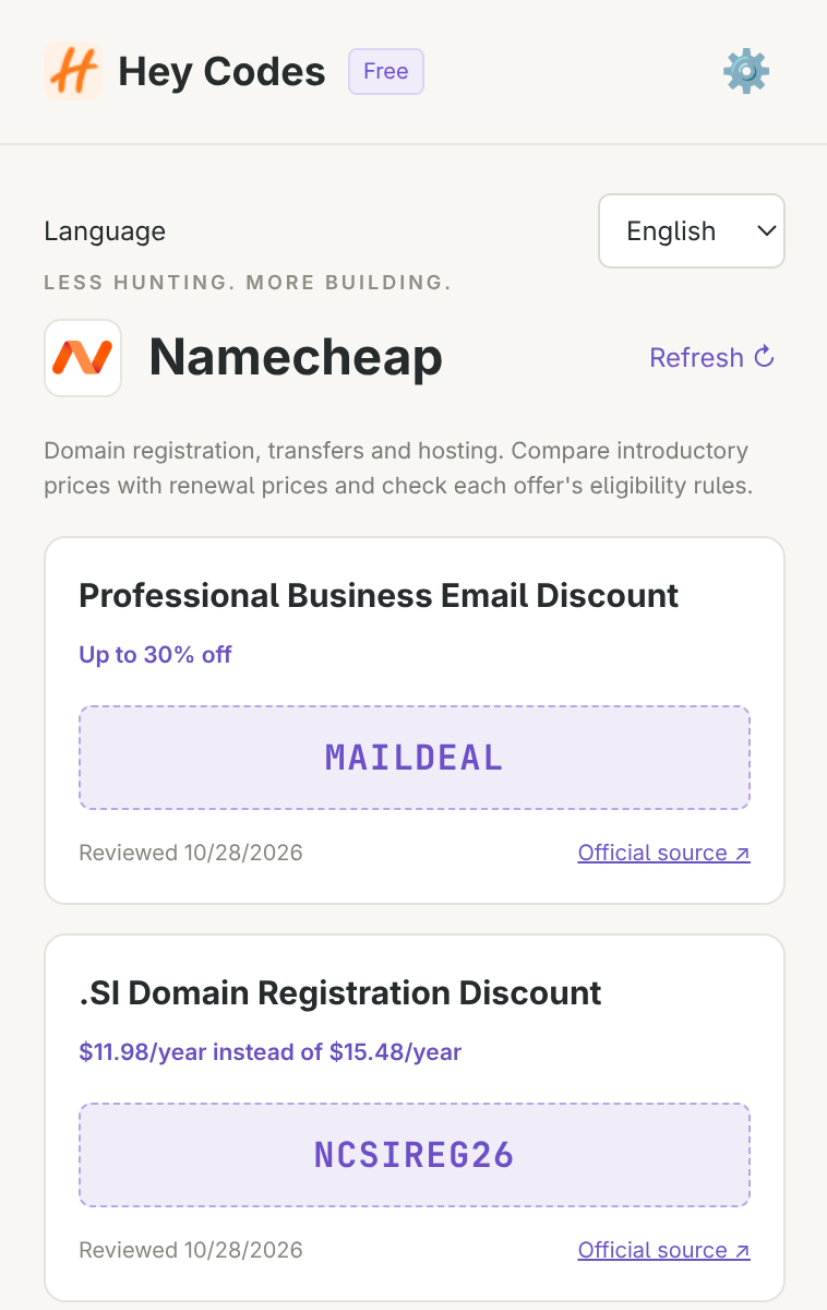 Actual Hey Codes popup showing a merchant, offer cards, clickable promo codes and official source links.